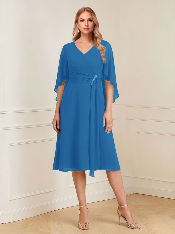 A-Line/Princess V-Neck Half Sleeves Knee-Length Mother of the Bride Dresses with Ruffles &amp; Ruched