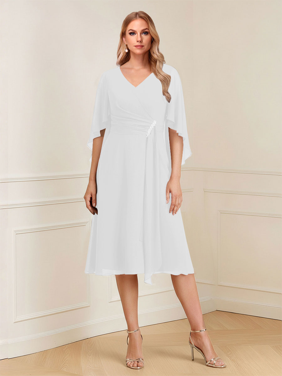 A-Line/Princess V-Neck Half Sleeves Knee-Length Mother of the Bride Dresses with Ruffles &amp; Ruched