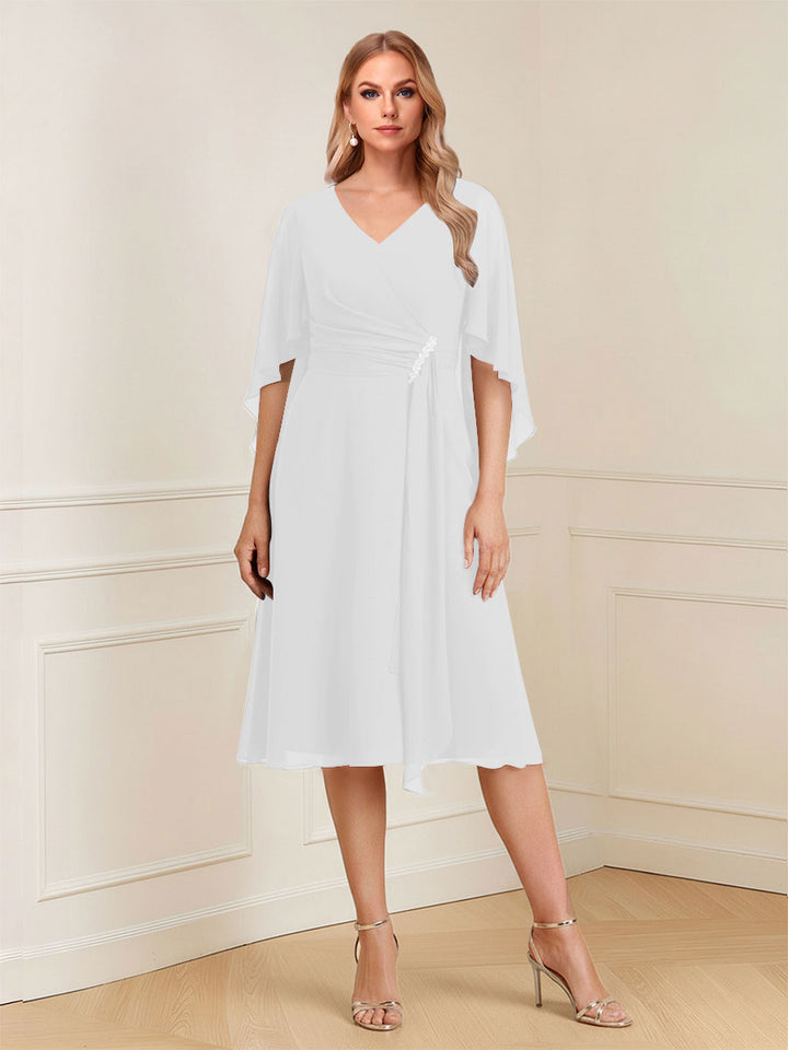 A-Line/Princess V-Neck Half Sleeves Knee-Length Mother of the Bride Dresses with Ruffles &amp; Ruched