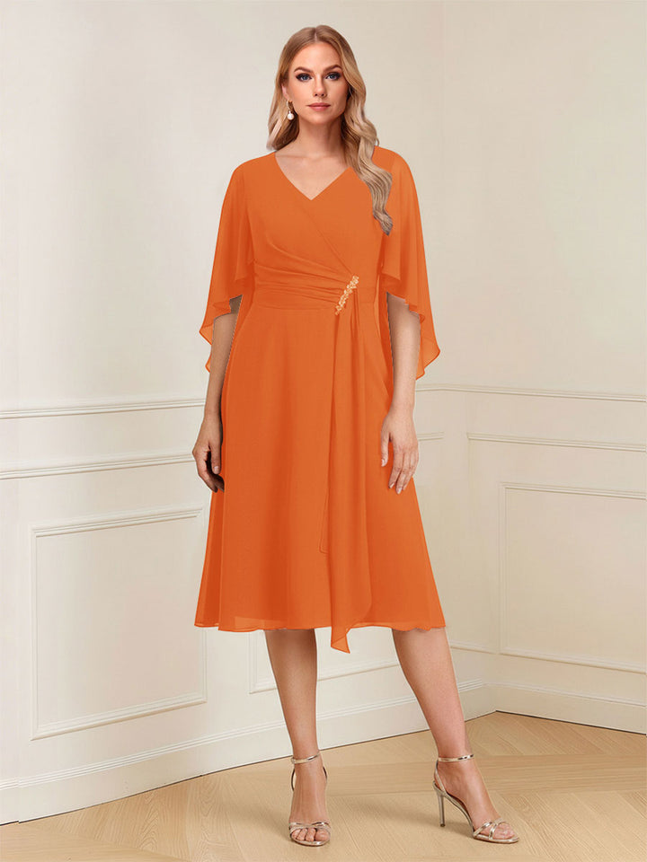 A-Line/Princess V-Neck Half Sleeves Knee-Length Mother of the Bride Dresses with Ruffles &amp; Ruched