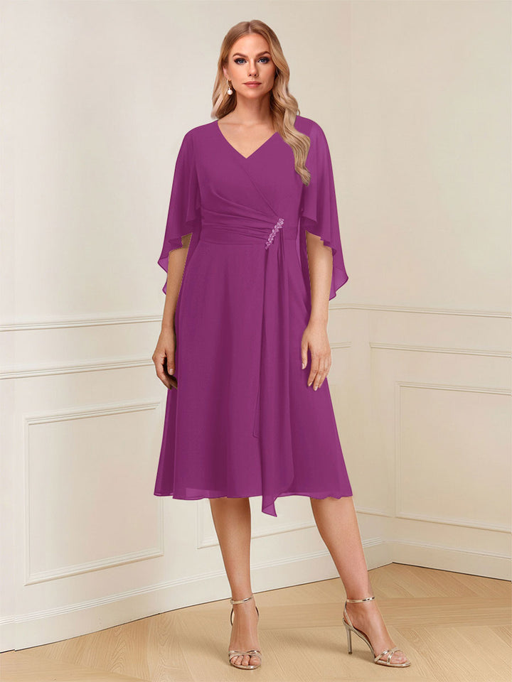 A-Line/Princess V-Neck Half Sleeves Knee-Length Mother of the Bride Dresses with Ruffles &amp; Ruched