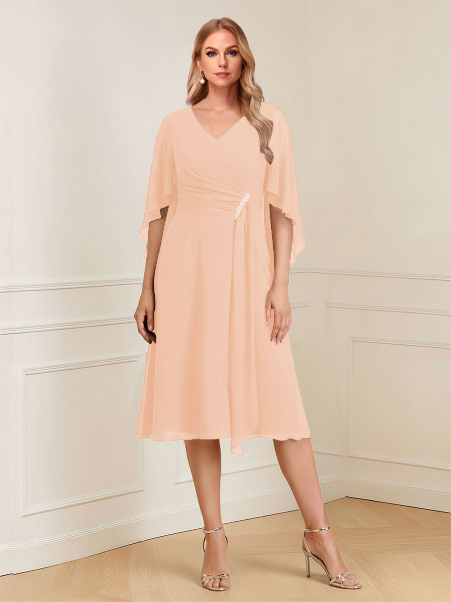 A-Line/Princess V-Neck Half Sleeves Knee-Length Mother of the Bride Dresses with Ruffles &amp; Ruched