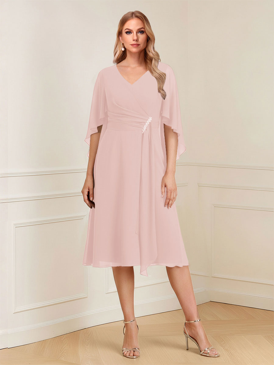 A-Line/Princess V-Neck Half Sleeves Knee-Length Mother of the Bride Dresses with Ruffles &amp; Ruched