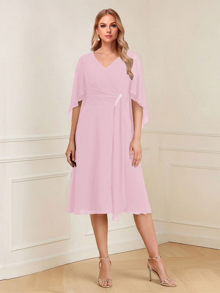 A-Line/Princess V-Neck Half Sleeves Knee-Length Mother of the Bride Dresses with Ruffles &amp; Ruched