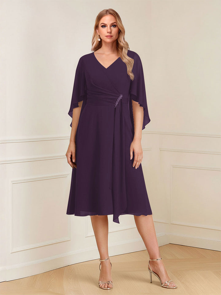 A-Line/Princess V-Neck Half Sleeves Knee-Length Mother of the Bride Dresses with Ruffles &amp; Ruched