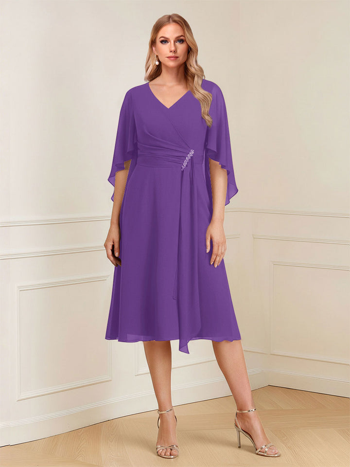 A-Line/Princess V-Neck Half Sleeves Knee-Length Mother of the Bride Dresses with Ruffles &amp; Ruched