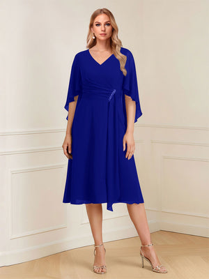 A-Line/Princess V-Neck Half Sleeves Knee-Length Mother of the Bride Dresses with Ruffles & Ruched