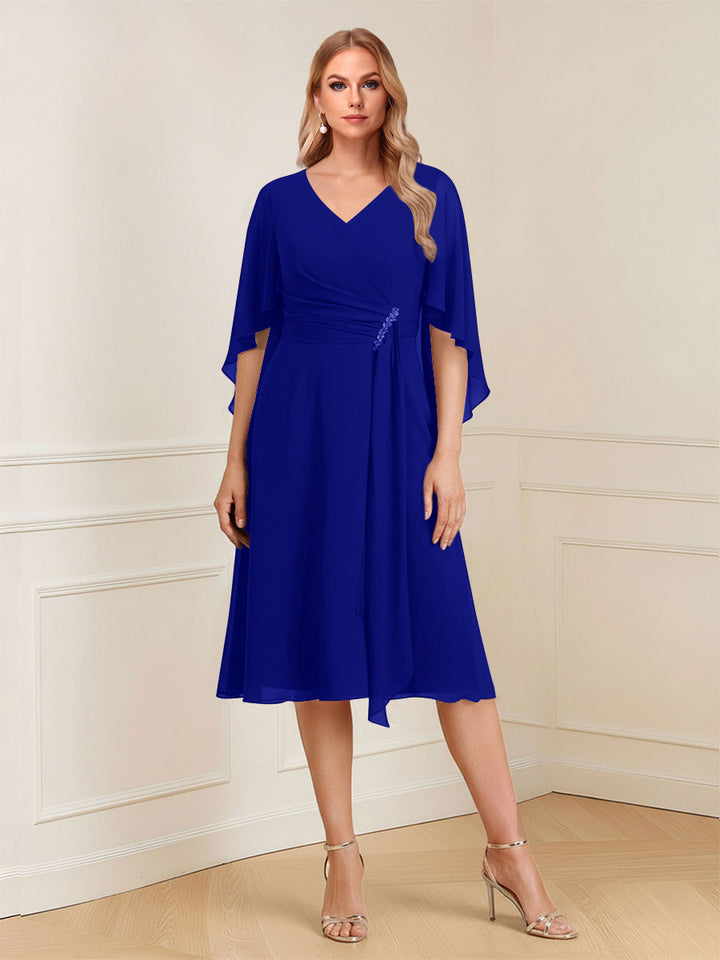A-Line/Princess V-Neck Half Sleeves Knee-Length Mother of the Bride Dresses with Ruffles &amp; Ruched