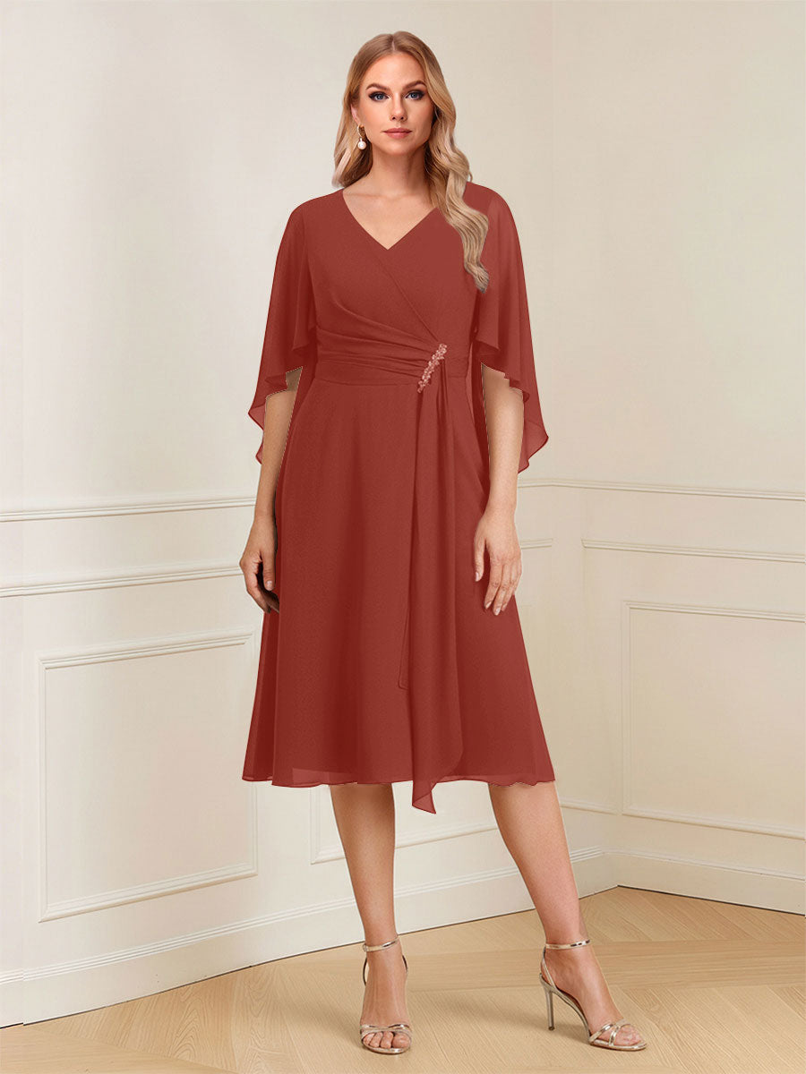 A-Line/Princess V-Neck Half Sleeves Knee-Length Mother of the Bride Dresses with Ruffles &amp; Ruched
