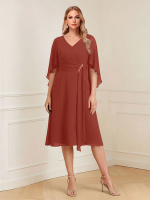A-Line/Princess V-Neck Half Sleeves Knee-Length Mother of the Bride Dresses with Ruffles & Ruched