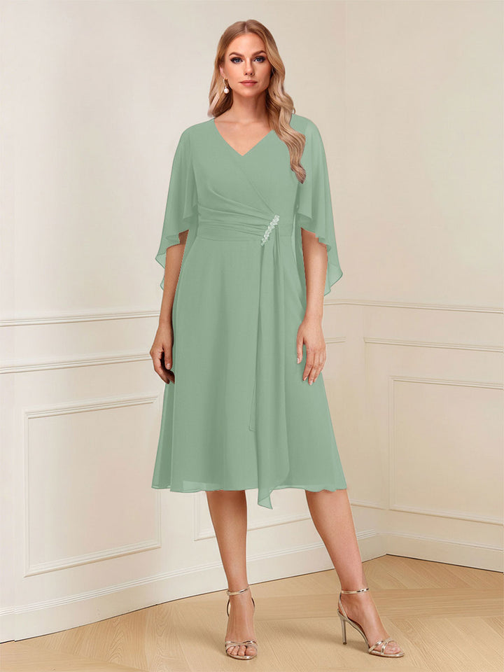 A-Line/Princess V-Neck Half Sleeves Knee-Length Mother of the Bride Dresses with Ruffles &amp; Ruched