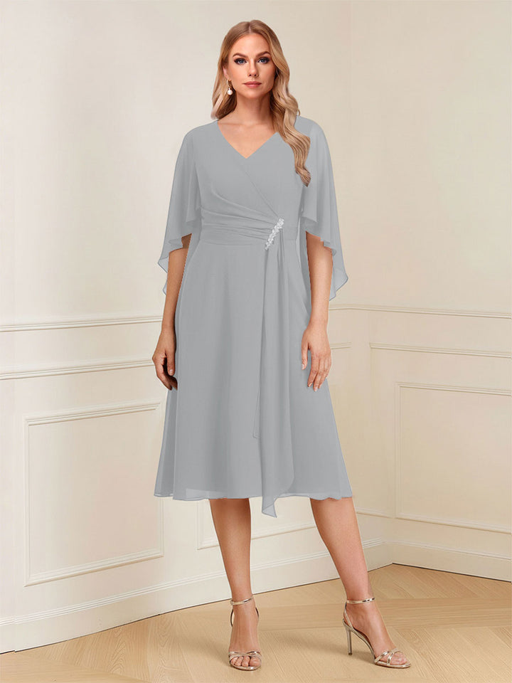 A-Line/Princess V-Neck Half Sleeves Knee-Length Mother of the Bride Dresses with Ruffles &amp; Ruched