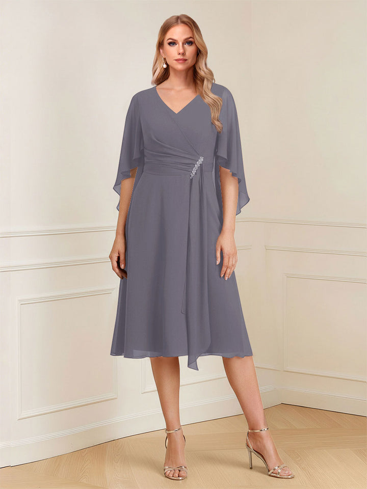 A-Line/Princess V-Neck Half Sleeves Knee-Length Mother of the Bride Dresses with Ruffles &amp; Ruched