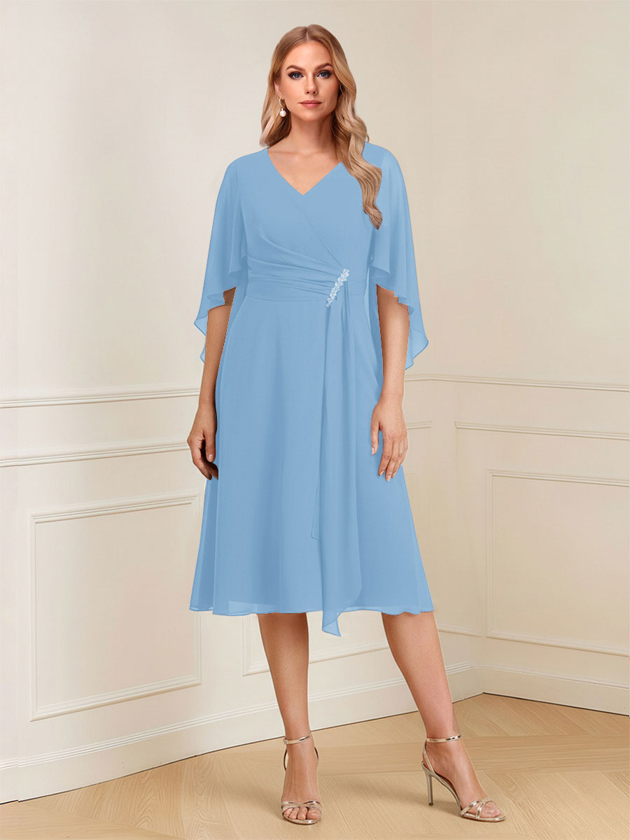 A-Line/Princess V-Neck Half Sleeves Knee-Length Mother of the Bride Dresses with Ruffles &amp; Ruched