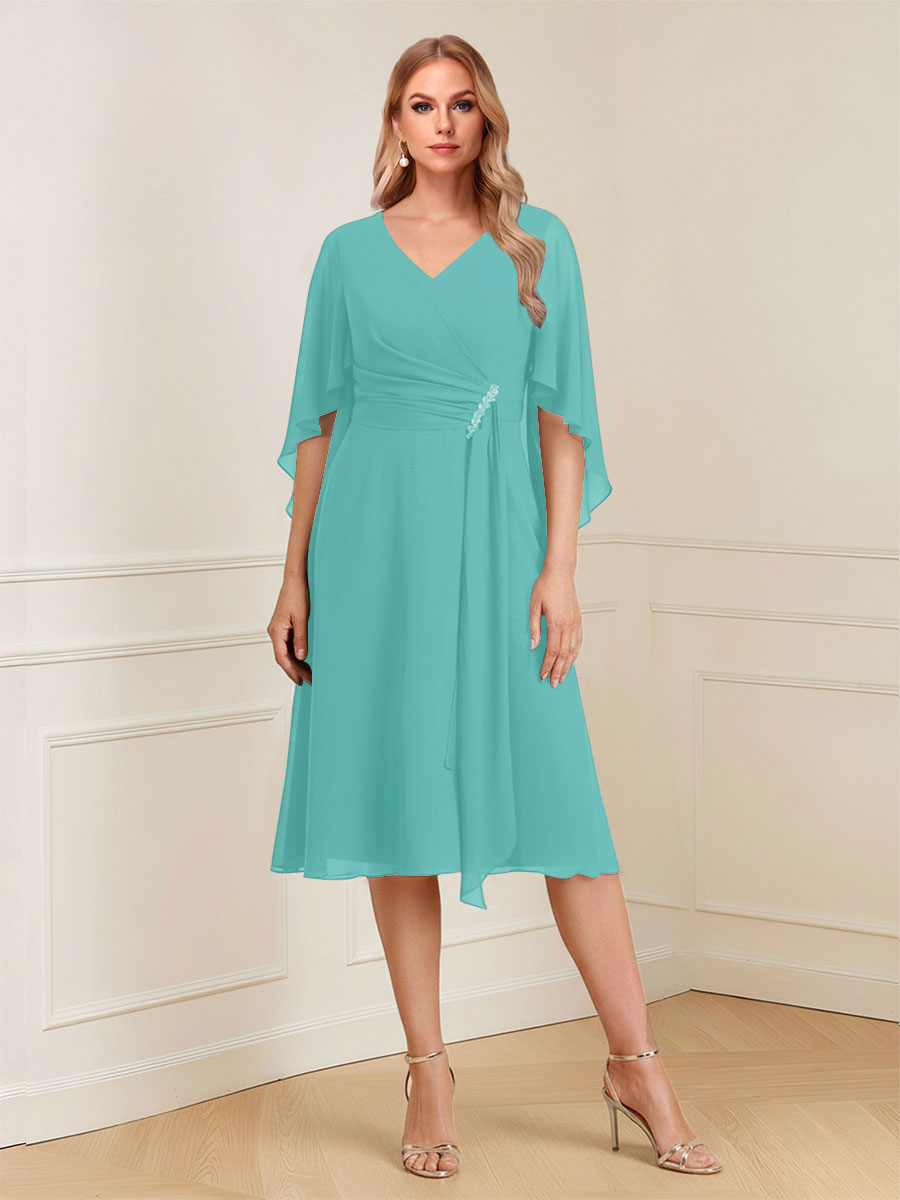 A-Line/Princess V-Neck Half Sleeves Knee-Length Mother of the Bride Dresses with Ruffles &amp; Ruched