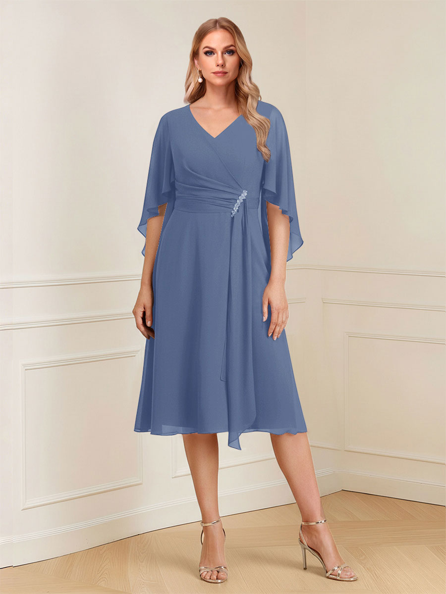 A-Line/Princess V-Neck Half Sleeves Knee-Length Mother of the Bride Dresses with Ruffles &amp; Ruched
