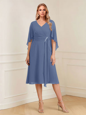 A-Line/Princess V-Neck Half Sleeves Knee-Length Mother of the Bride Dresses with Ruffles & Ruched