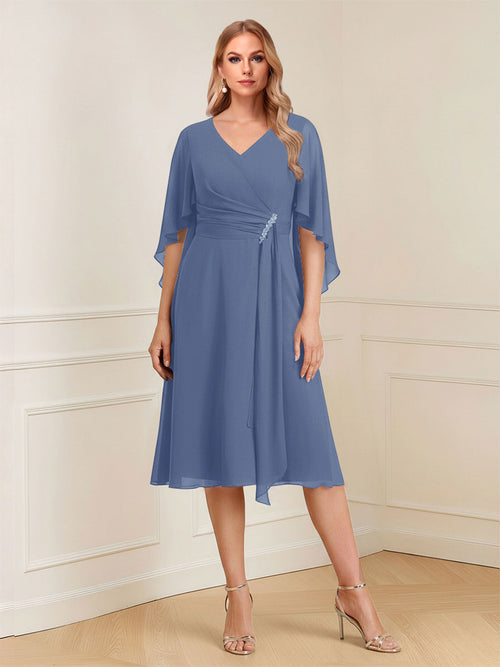 A-Line/Princess V-Neck Half Sleeves Knee-Length Mother of the Bride Dresses with Ruffles & Ruched