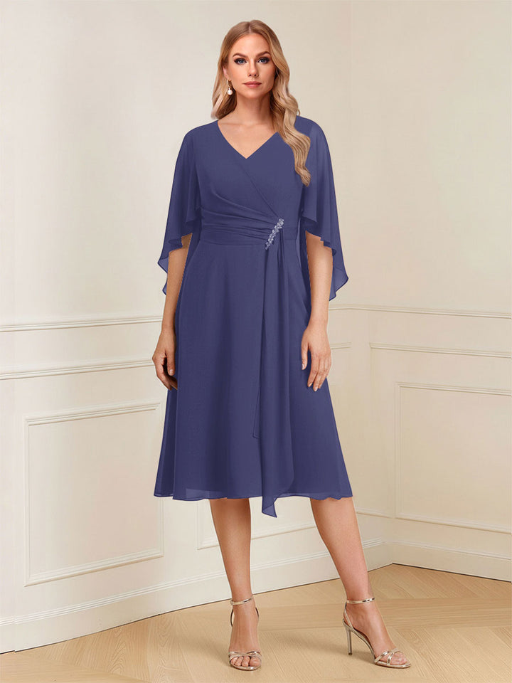 A-Line/Princess V-Neck Half Sleeves Knee-Length Mother of the Bride Dresses with Ruffles &amp; Ruched