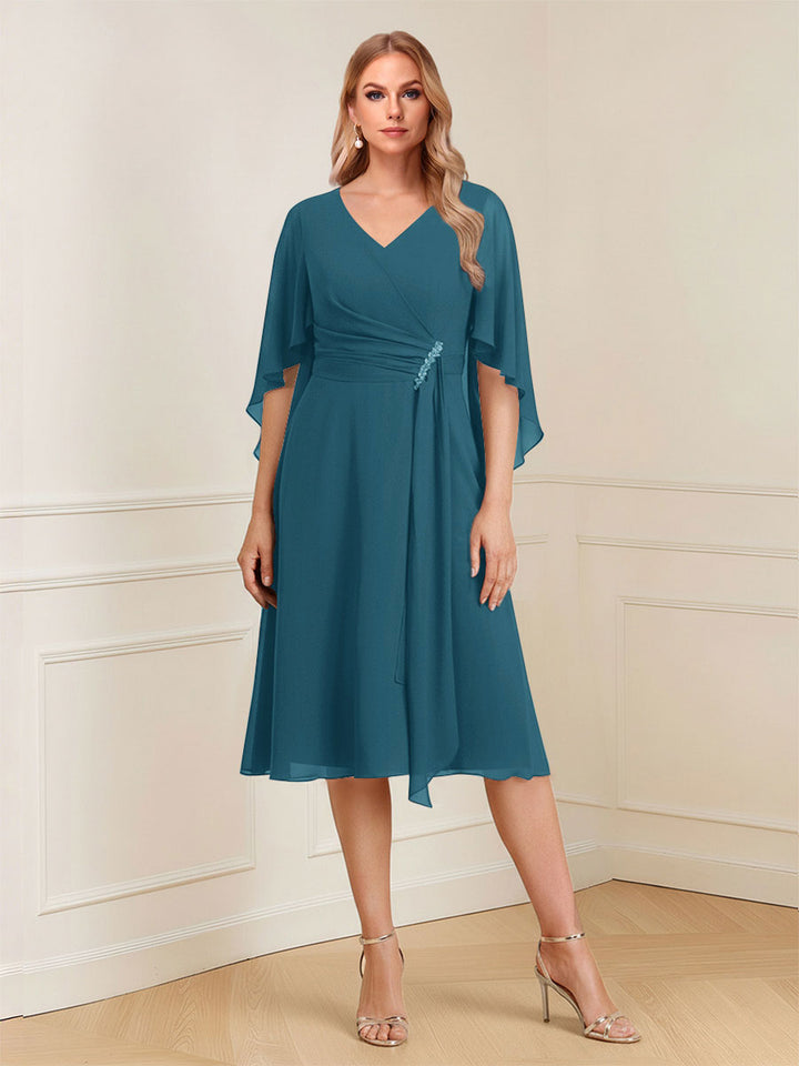 A-Line/Princess V-Neck Half Sleeves Knee-Length Mother of the Bride Dresses with Ruffles &amp; Ruched