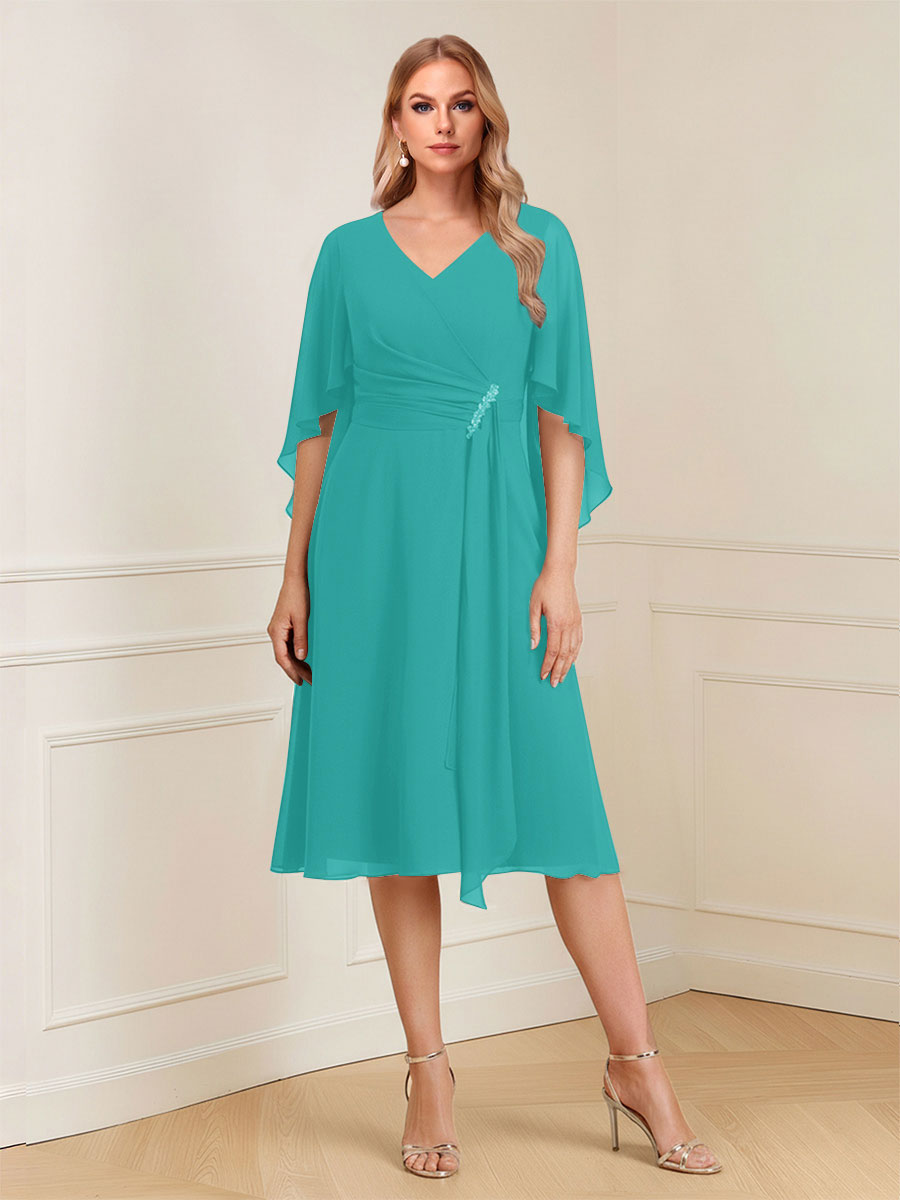 A-Line/Princess V-Neck Half Sleeves Knee-Length Mother of the Bride Dresses with Ruffles &amp; Ruched