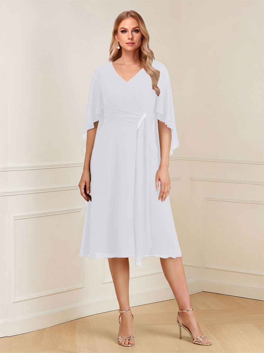 A-Line/Princess V-Neck Half Sleeves Knee-Length Mother of the Bride Dresses with Ruffles &amp; Ruched