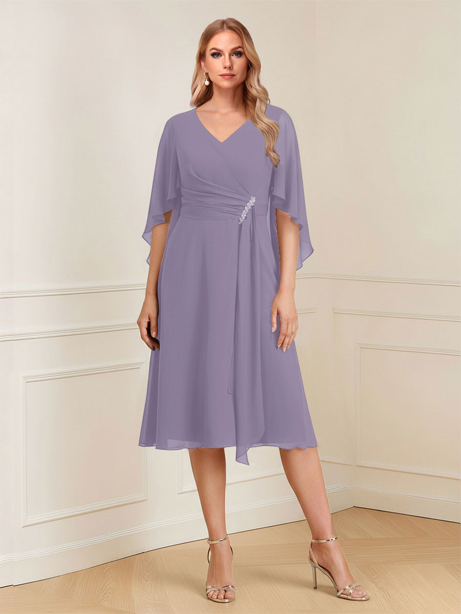 A-Line/Princess V-Neck Half Sleeves Knee-Length Mother of the Bride Dresses with Ruffles &amp; Ruched