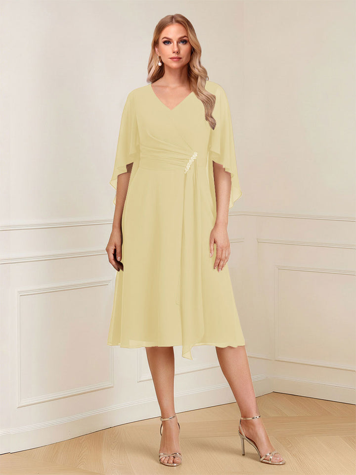 A-Line/Princess V-Neck Half Sleeves Knee-Length Mother of the Bride Dresses with Ruffles &amp; Ruched
