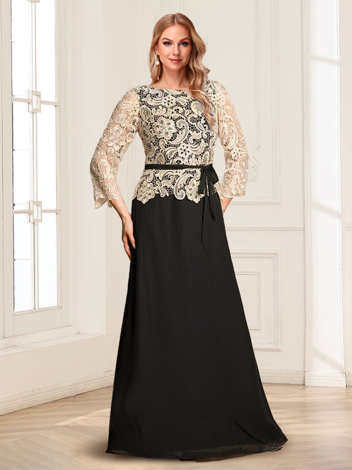 A-Line/Princess Scoop 3/4 Sleeves Floor-Length Mother of the Bride Dresses with Applique &amp; Belt