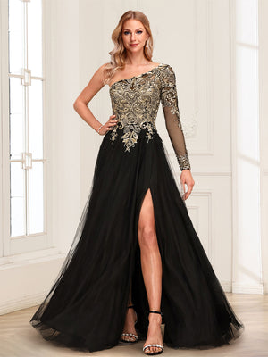 A-Line/Princess One-Shoulder Long Sleeves Floor-Length Mother of the Bride Dresses with Lace & Split Side