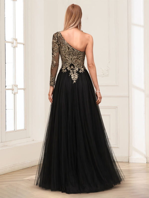 A-Line/Princess One-Shoulder Long Sleeves Floor-Length Mother of the Bride Dresses with Lace & Split Side