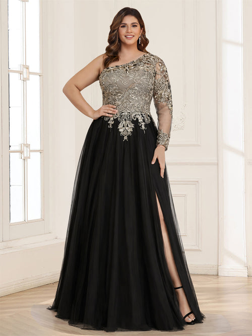 A-Line/Princess One-Shoulder Long Sleeves Floor-Length Plus Size Mother of the Bride Dresses with Lace & Split Side