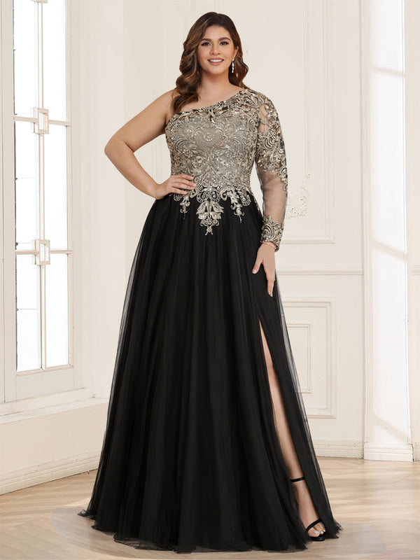 A-Line/Princess One-Shoulder Long Sleeves Floor-Length Plus Size Mother of the Bride Dresses with Lace & Split Side