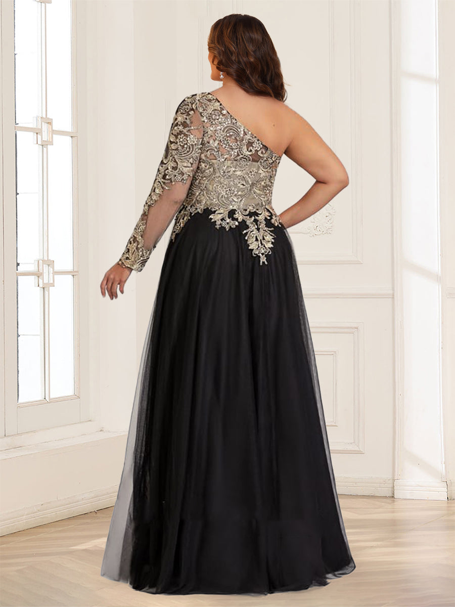 A-Line/Princess One-Shoulder Long Sleeves Floor-Length Plus Size Mother of the Bride Dresses with Lace &amp; Split Side