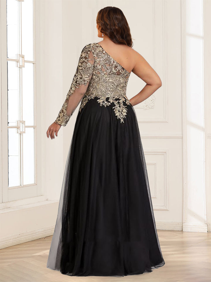 A-Line/Princess One-Shoulder Long Sleeves Floor-Length Plus Size Mother of the Bride Dresses with Lace &amp; Split Side
