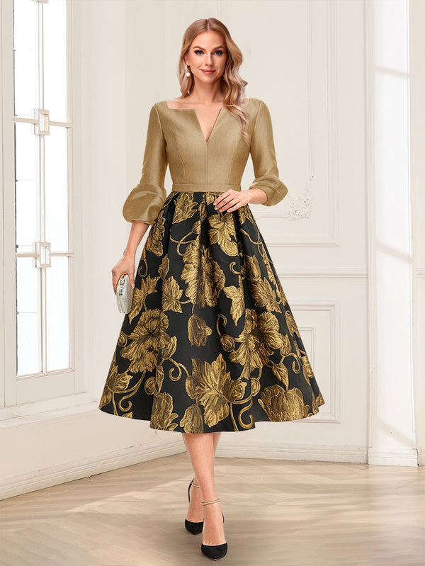 A-Line/Princess V-Neck 3/4 Sleeves Tea-Length Mother of the Bride Dresses with Ruched