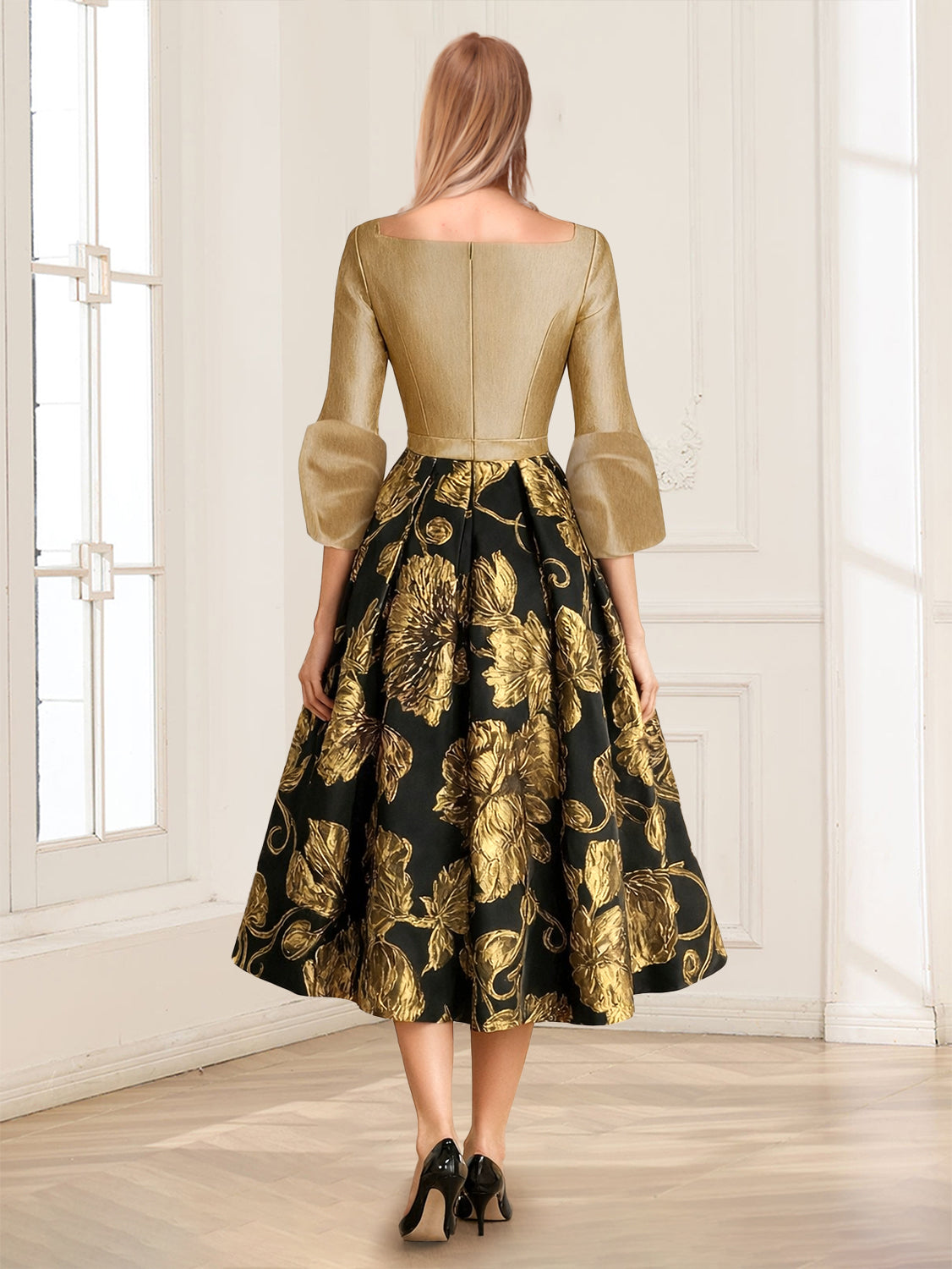 A-Line/Princess V-Neck 3/4 Sleeves Tea-Length Mother of the Bride Dresses with Ruched
