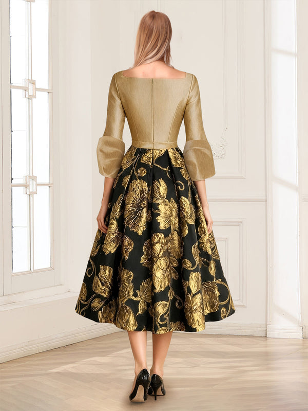 A-Line/Princess V-Neck 3/4 Sleeves Tea-Length Mother of the Bride Dresses with Ruched