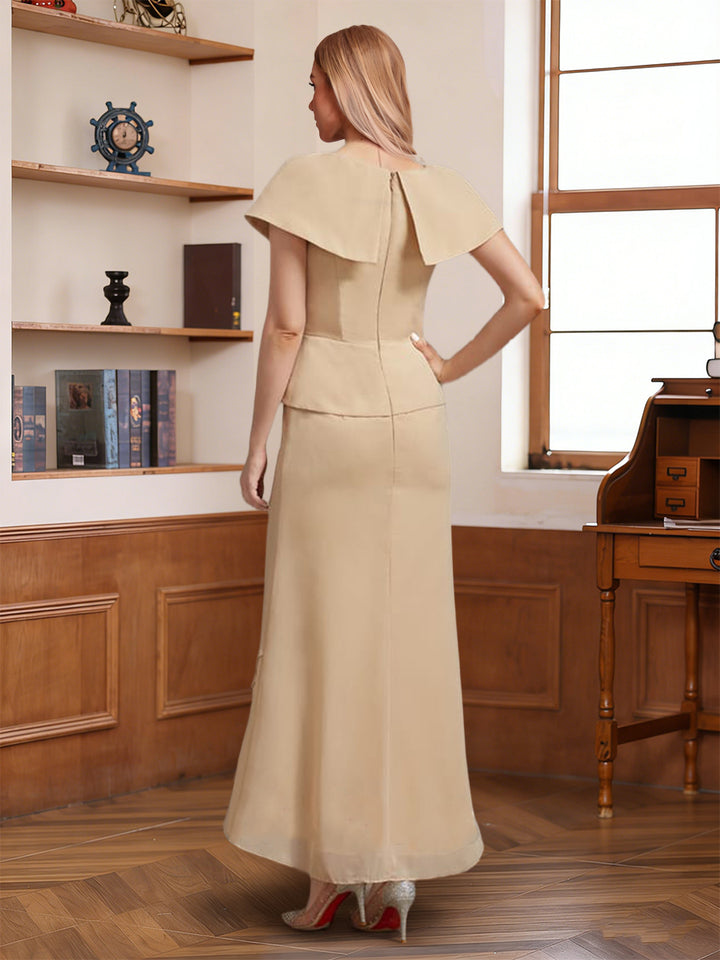 Sheath/Column V-Neck Short Sleeves Asymmetrical Mother of the Bride Dresses with Rhinestone