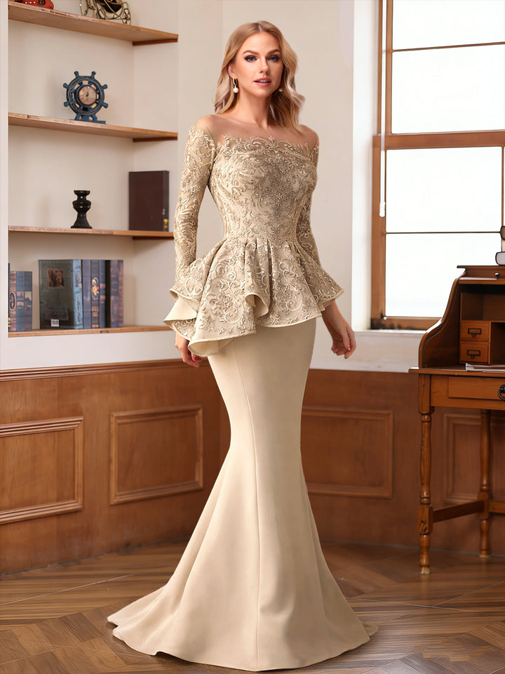 Trumpet/Mermaid Off-the-Shoulder Long Sleeves Floor-Length Mother of the Bride Dresses with Ruffles &amp; Applique