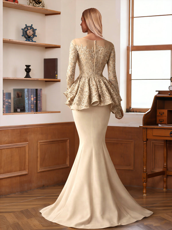 Trumpet/Mermaid Off-the-Shoulder Long Sleeves Floor-Length Mother of the Bride Dresses with Ruffles & Applique