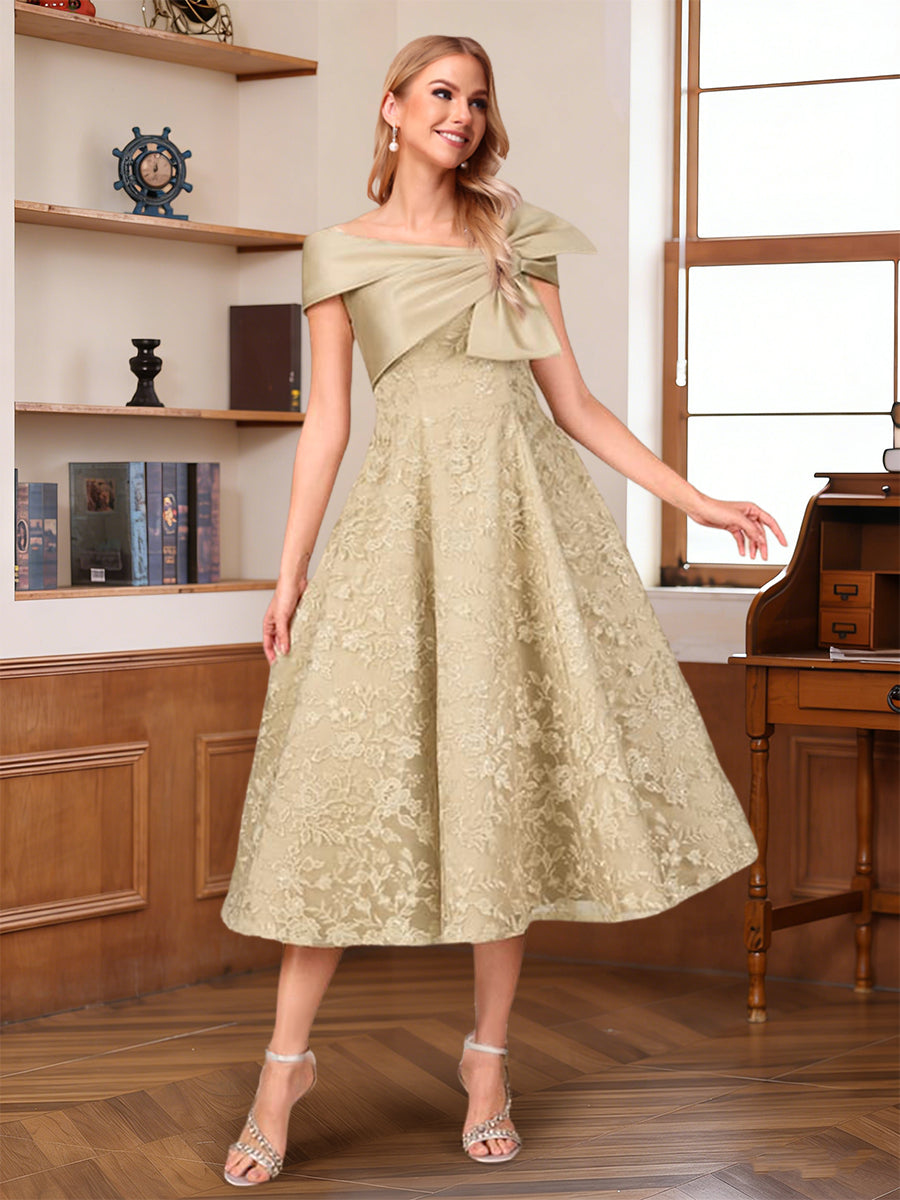 Lavetir A-Line/Princess V-Neck Short Sleeves Tea-Length Mother of the Bride Dresses with Applique & Bowknot 2026