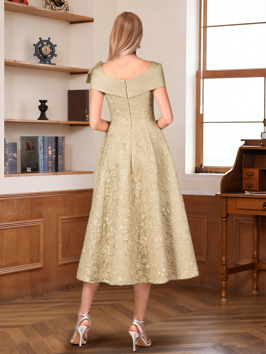 A-Line/Princess V-Neck Short Sleeves Tea-Length Mother of the Bride Dresses with Applique &amp; Bowknot