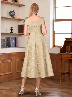 A-Line/Princess V-Neck Short Sleeves Tea-Length Mother of the Bride Dresses with Applique & Bowknot