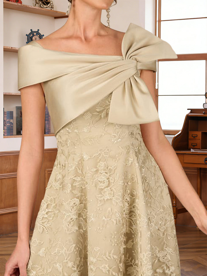 A-Line/Princess V-Neck Short Sleeves Tea-Length Mother of the Bride Dresses with Applique &amp; Bowknot