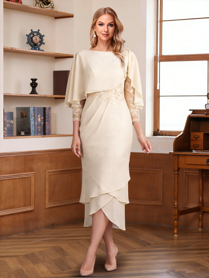Sheath/Column Scoop 3/4 Sleeves Asymmetrical Mother of the Bride Dresses with Ruffles