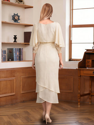 Sheath/Column Scoop 3/4 Sleeves Asymmetrical Mother of the Bride Dresses with Ruffles