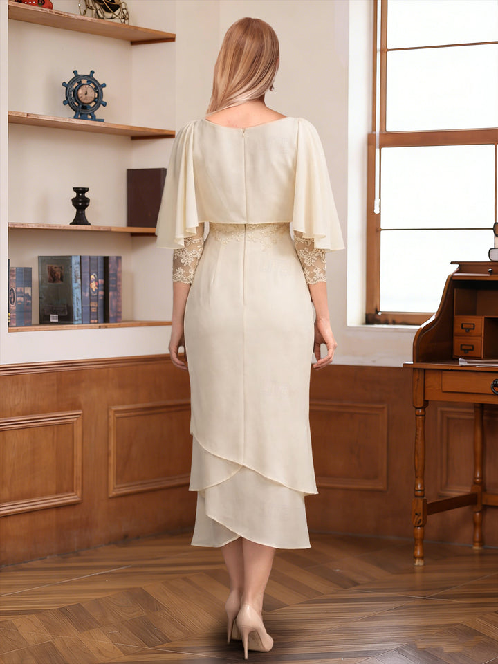 Sheath/Column Scoop 3/4 Sleeves Asymmetrical Mother of the Bride Dresses with Ruffles