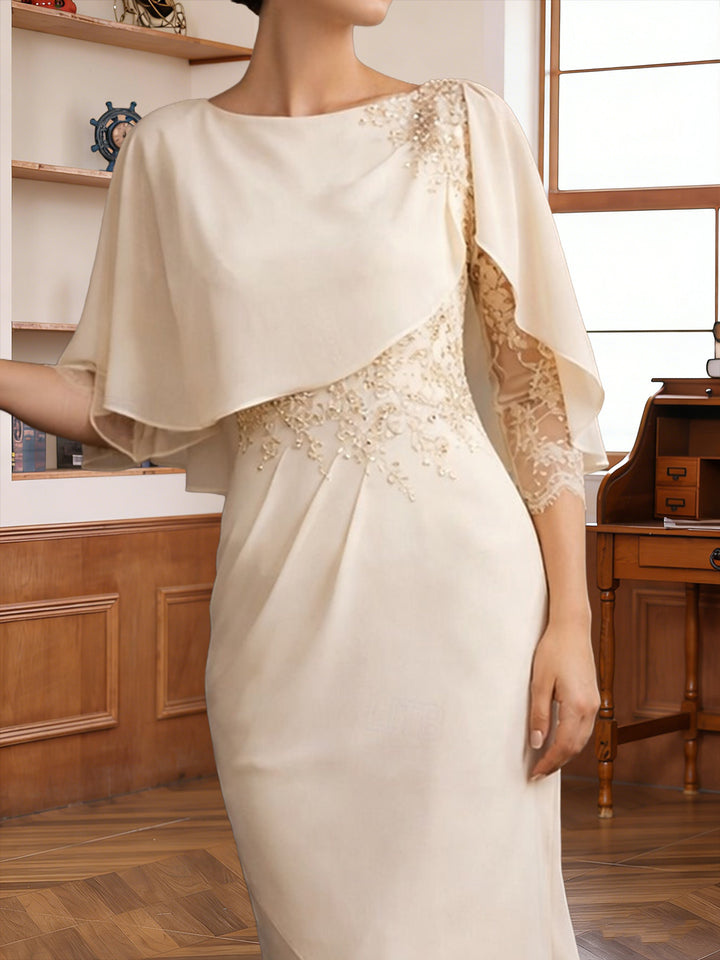 Sheath/Column Scoop 3/4 Sleeves Asymmetrical Mother of the Bride Dresses with Ruffles