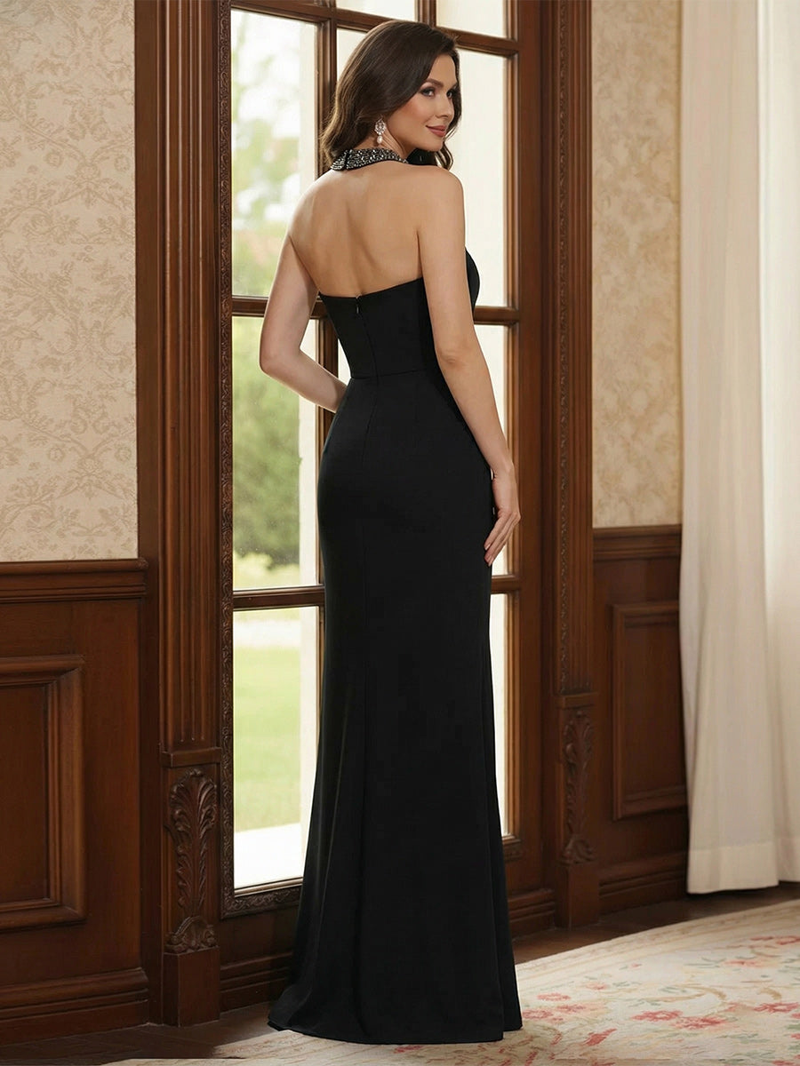 Sheath/Column Halter Sleeveless Floor-Length Mother of the Bride Dresses with Rhinestone